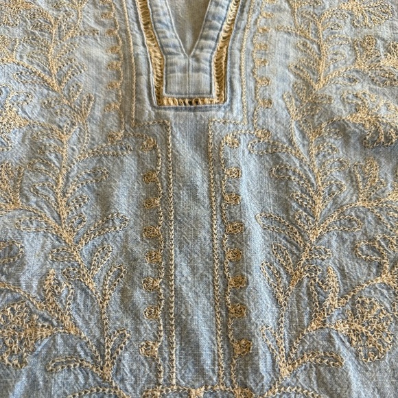 J. Jill | Lightweight Denim Embroidered Tunic Top with Split Neckline - Picture 2 of 8